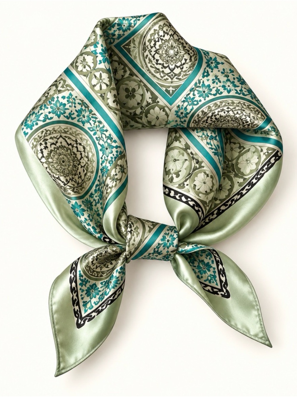 Silk-Feel Olive Green & Teal Patterned Square Scarf